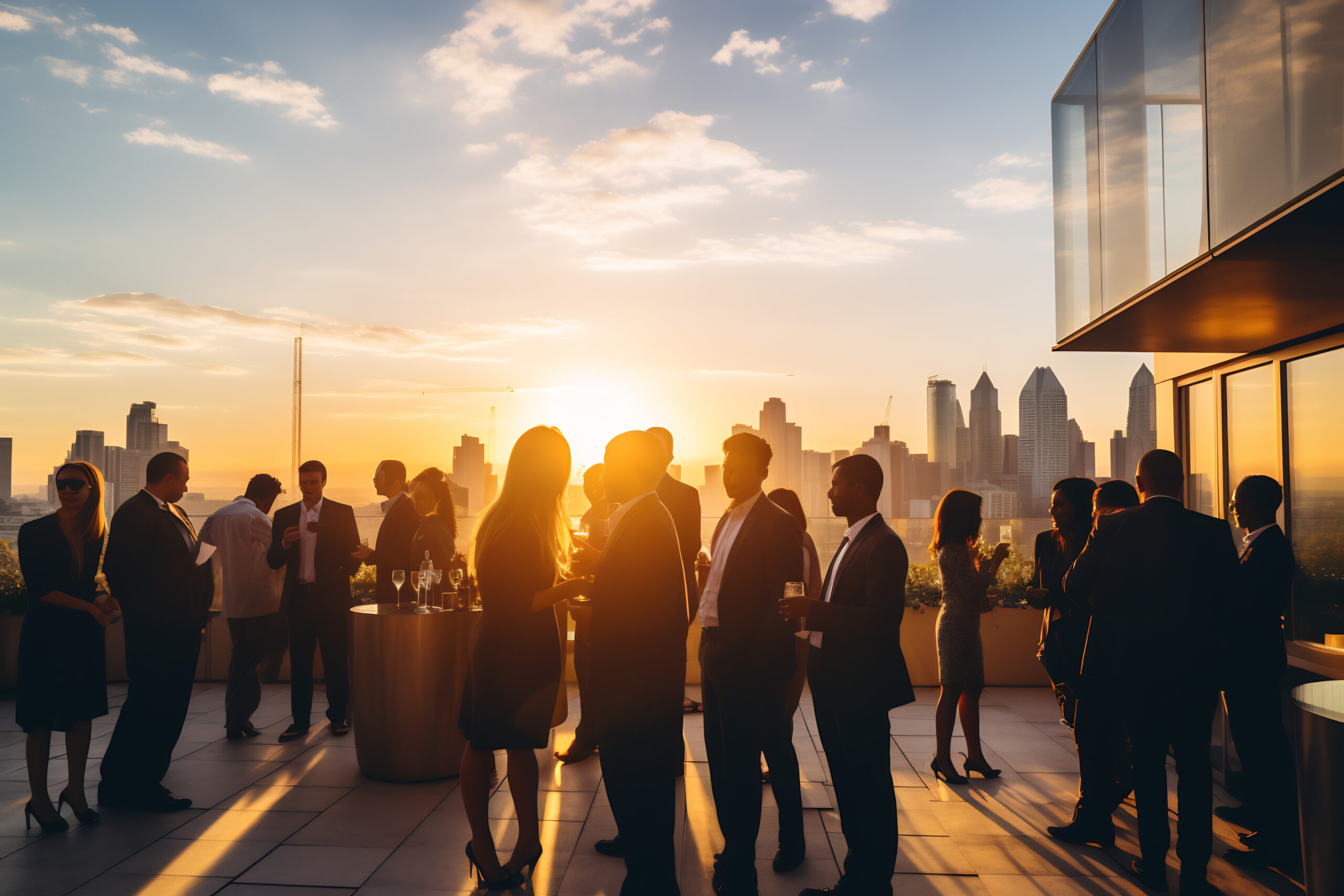 Elegant Evening Networking Event on Rooftop Terrace with City Skyline at Sunset, Corporate Social Gathering Concept