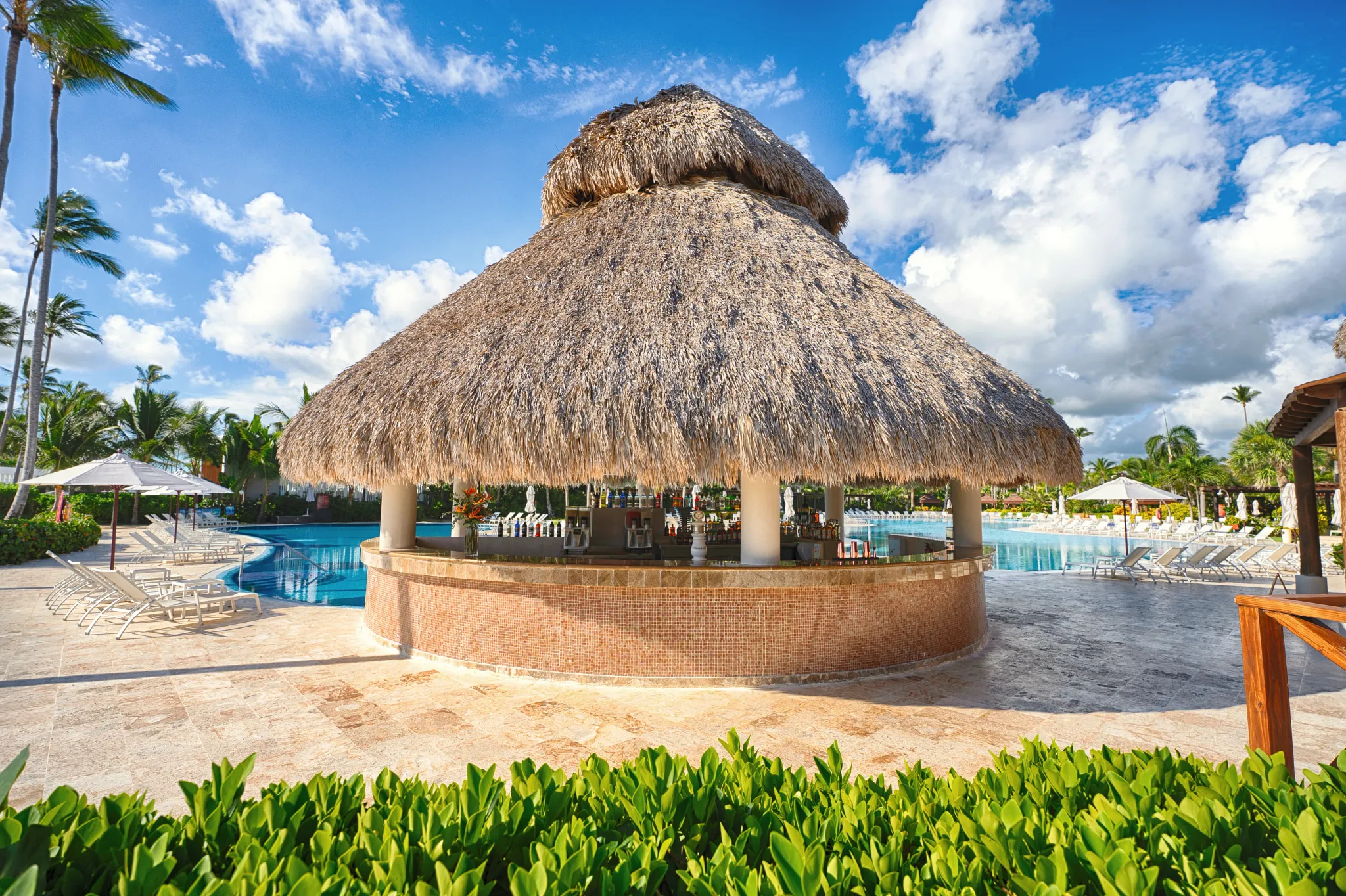 Barracuda Pool & Beach Bar at Secrets Royal Beach Punta Cana with a thatched-roof swim-up bar surrounded by a tropical resort pool.