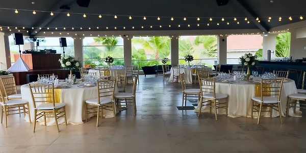 Eclipse Night Club reception setup with string lights at Secrets Royal Beach Punta Cana