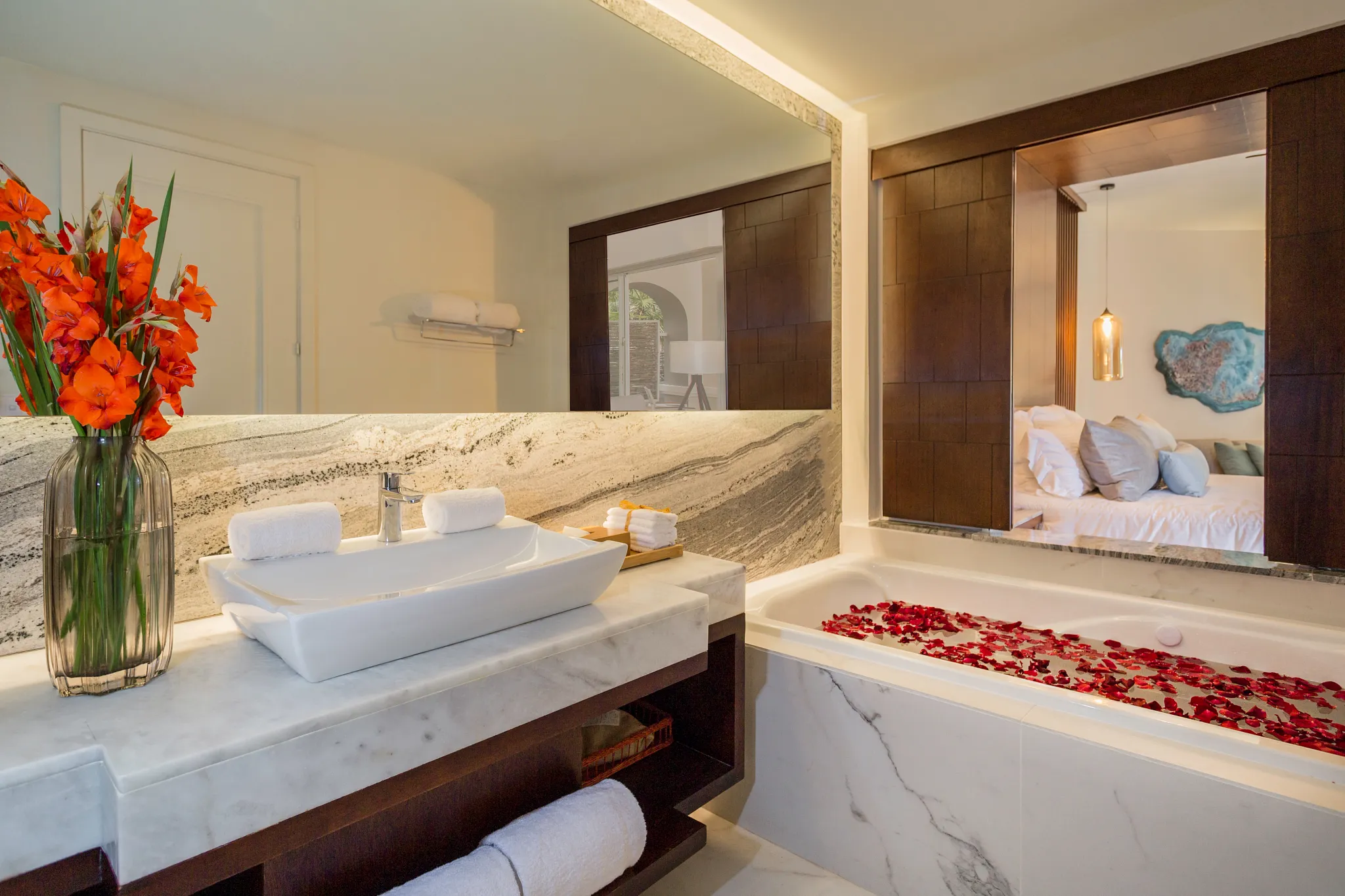 Junior Suite Private Pool marble bathroom with soaking tub at Secrets Royal Beach Punta Cana.