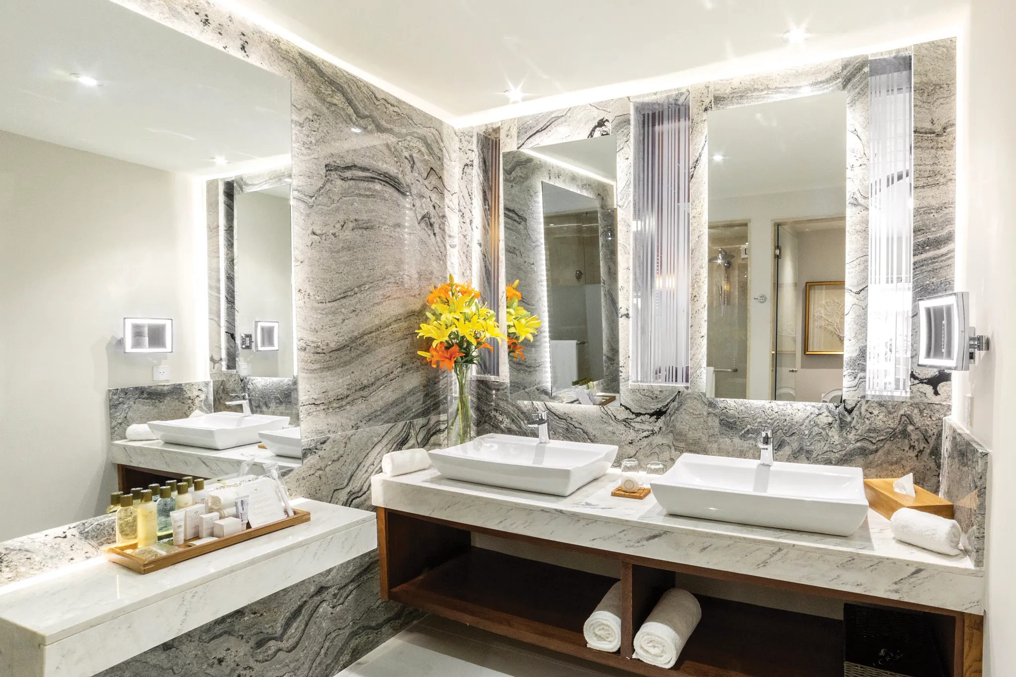 Preferred Club Master Suite Tropical View marble bathroom with double vanity at Secrets Royal Beach Punta Cana.