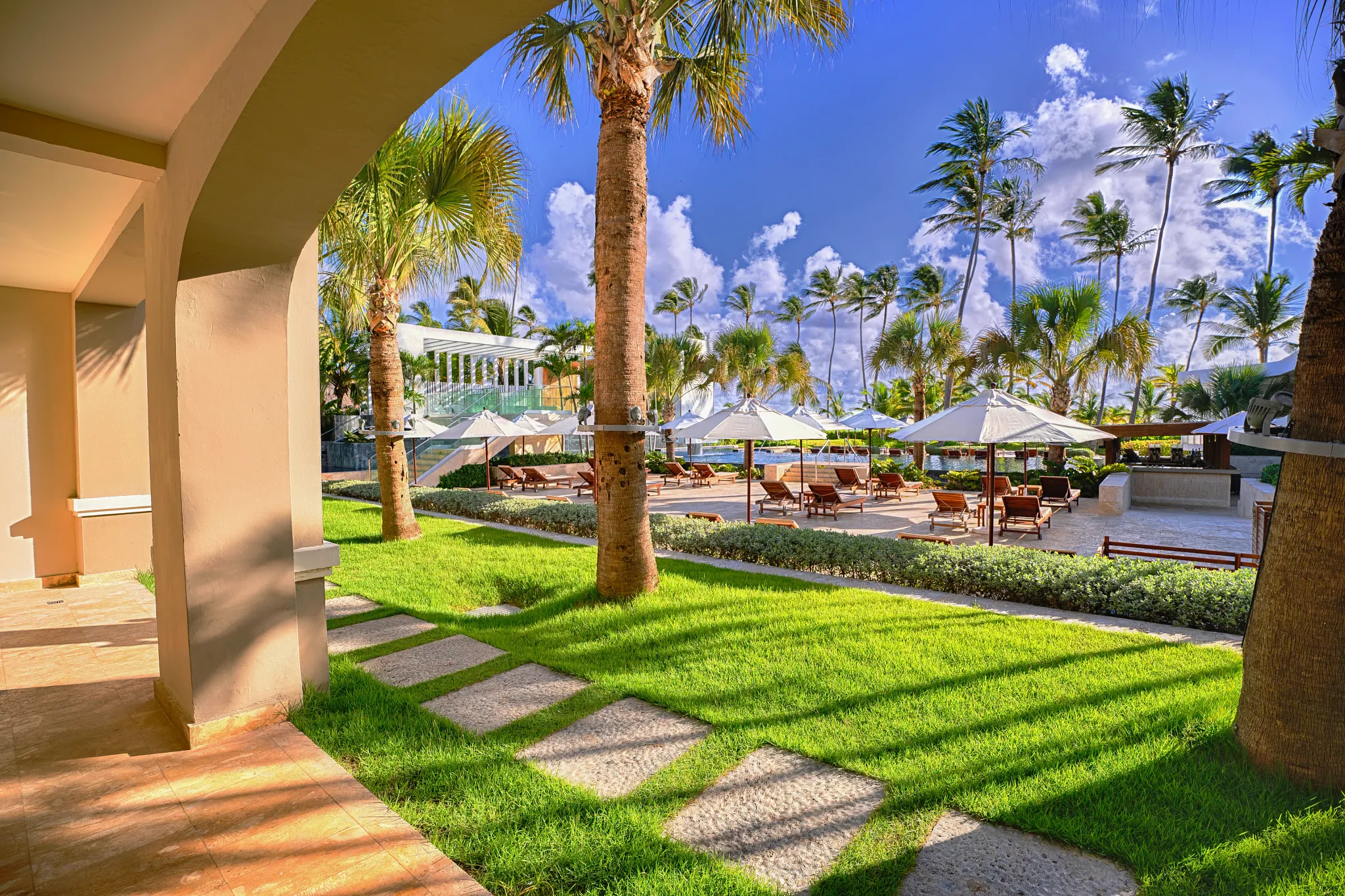 Preferred Club Master Suite Tropical View terrace overlooking tropical gardens at Secrets Royal Beach Punta Cana.